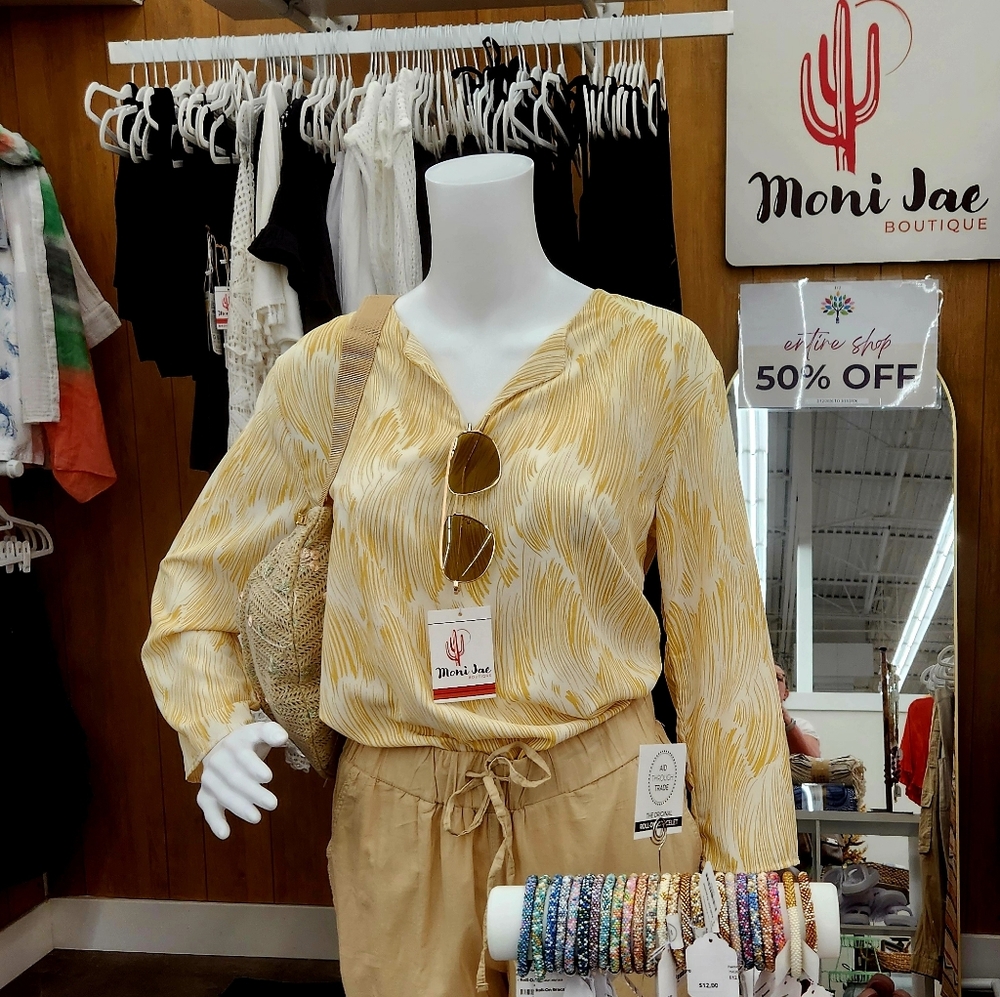 nlt Sidney Mustard Yellow Feather Print Blouse (new with tags) Made In USA